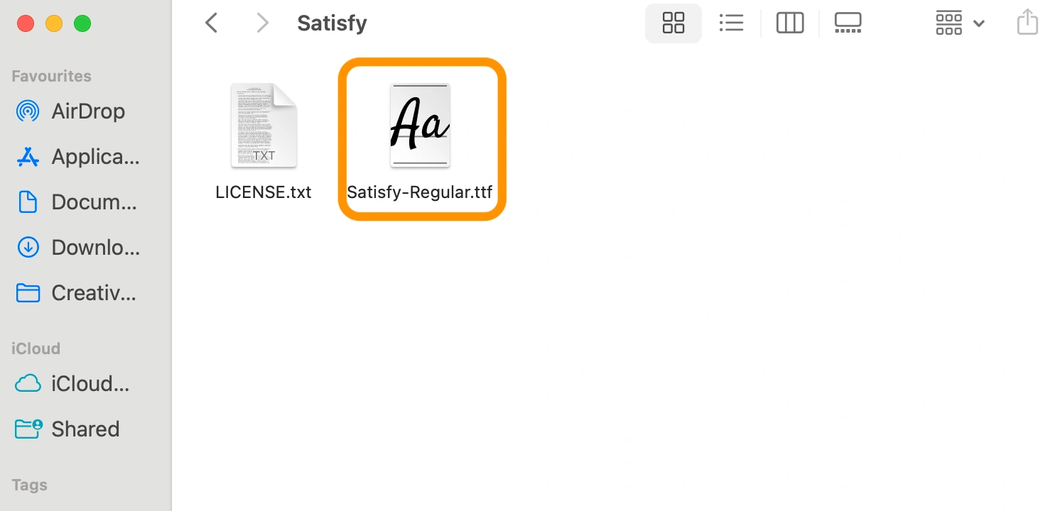 Instruction on choosing a file that enables to install the Satisfy font. Instruction on choosing a file that enables to install the Satisfy font.