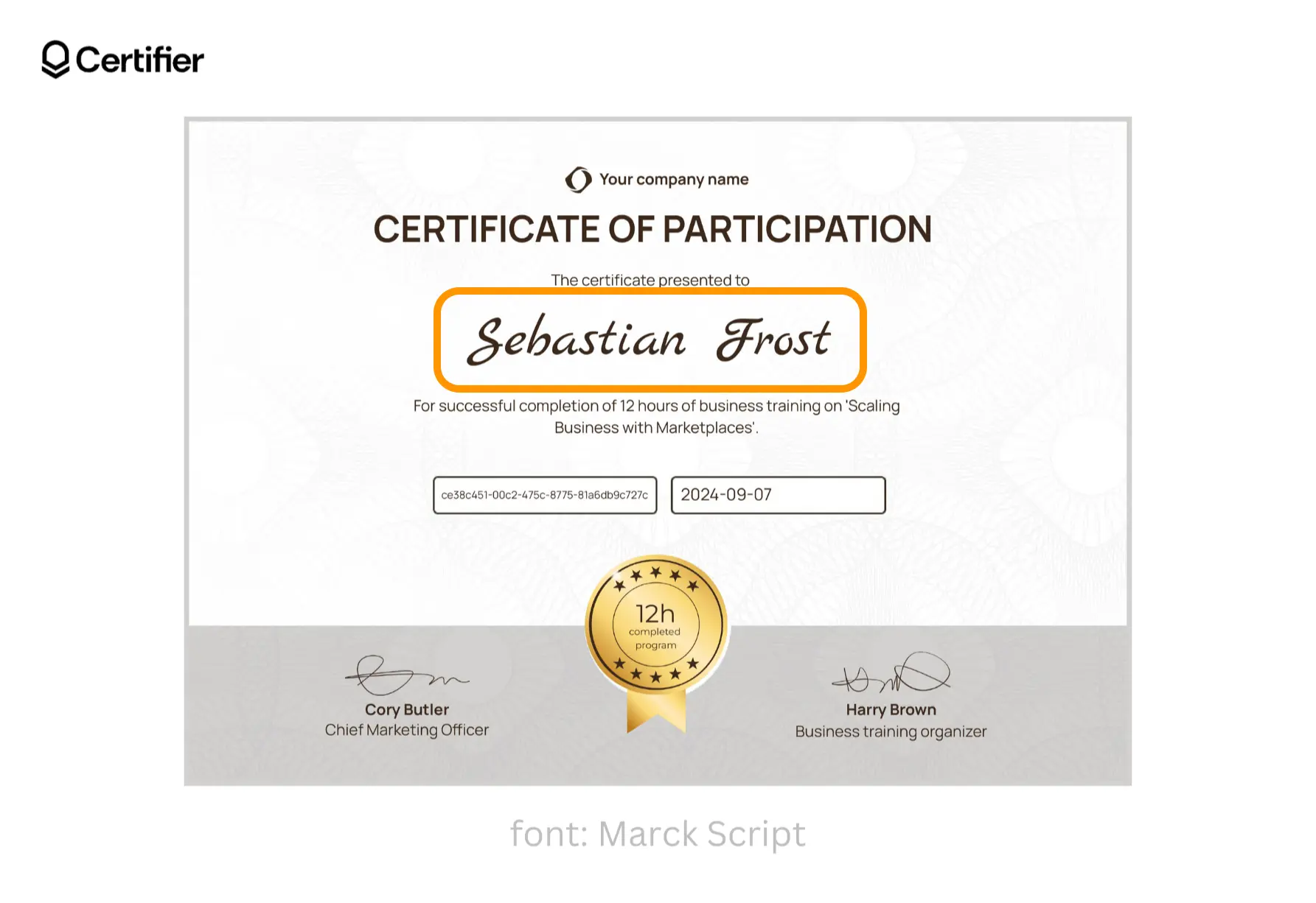 A lively cursive font for dynamic signatures called Marck Script presentef on a Certifier's template. A lively cursive font for dynamic signatures called Marck Script presentef on a Certifier's template.