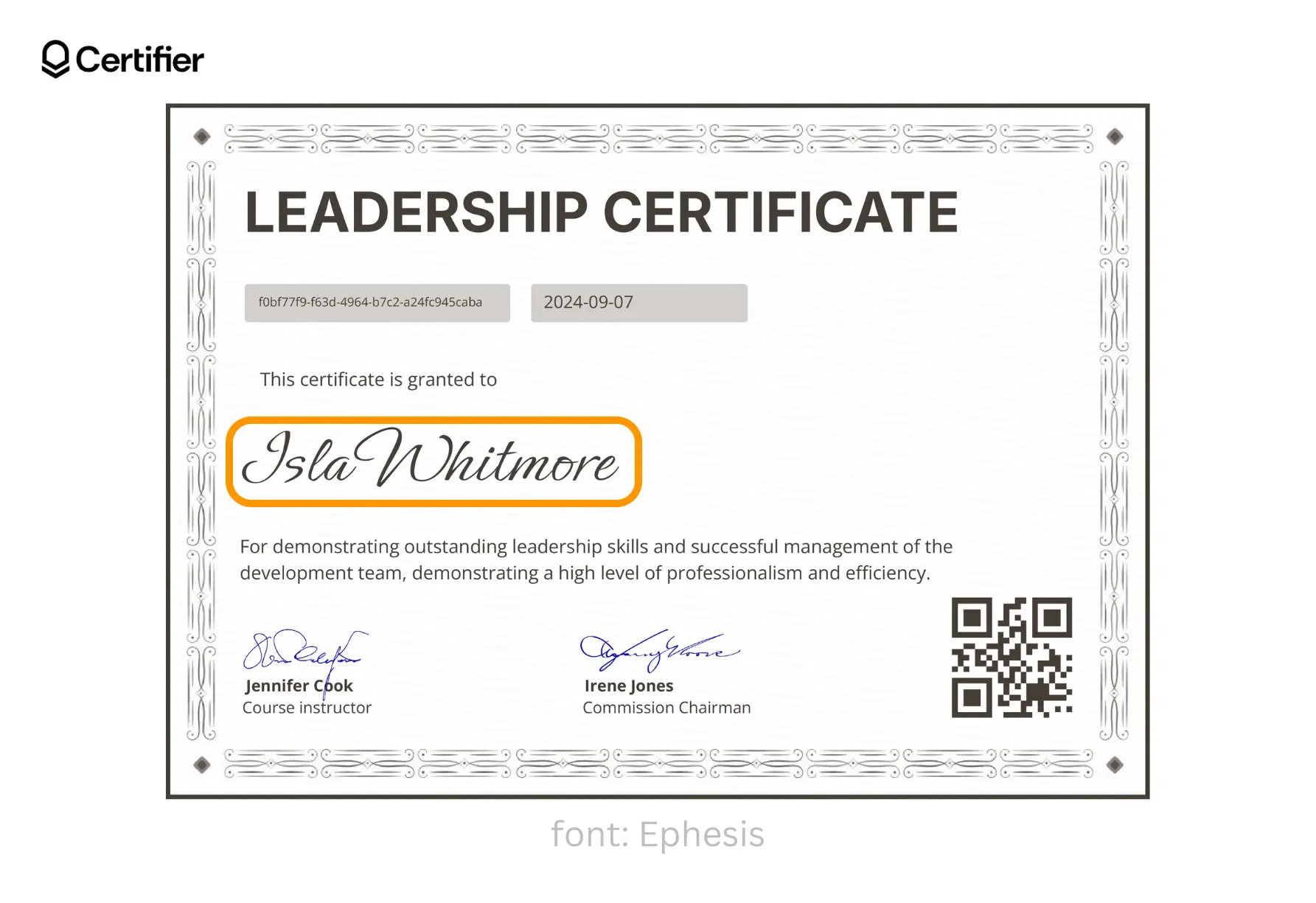 A Certifier’s certificate of leadership. It shows how one a Word signature font presents, as suggested by an orange circle. The font is called Ephesis. A Certifier’s certificate of leadership. It shows how one a Word signature font presents, as suggested by an orange circle. The font is called Ephesis.