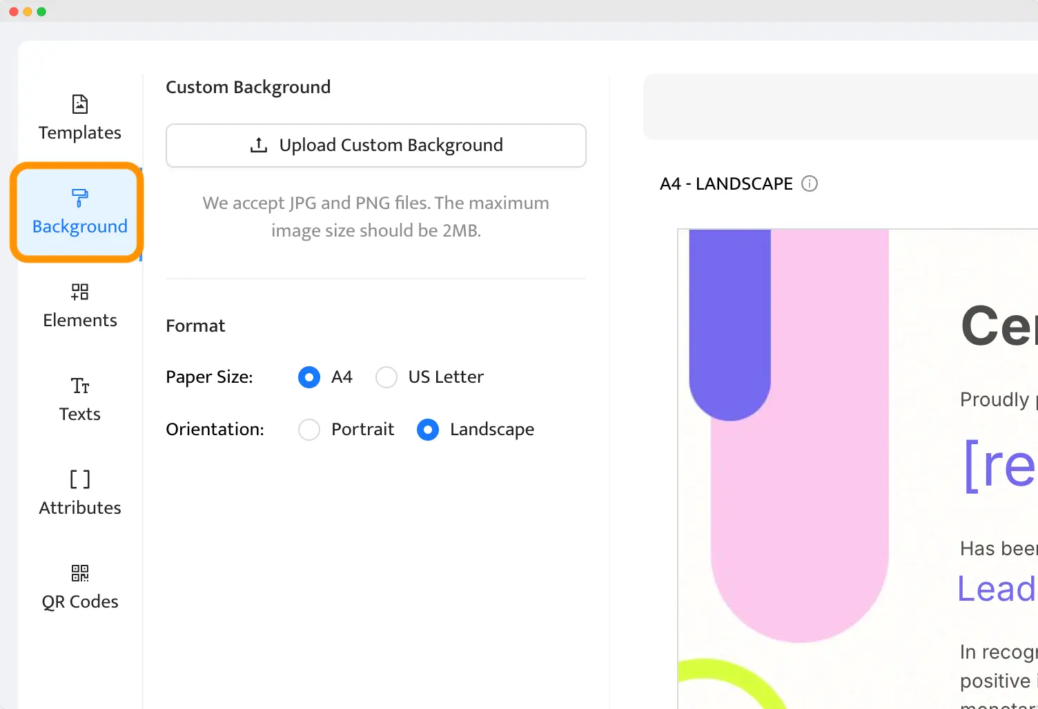 A background customization panel in an award certificate template editor, showing options to upload custom backgrounds and select paper size. A background customization panel in an award certificate template editor, showing options to upload custom backgrounds and select paper size.