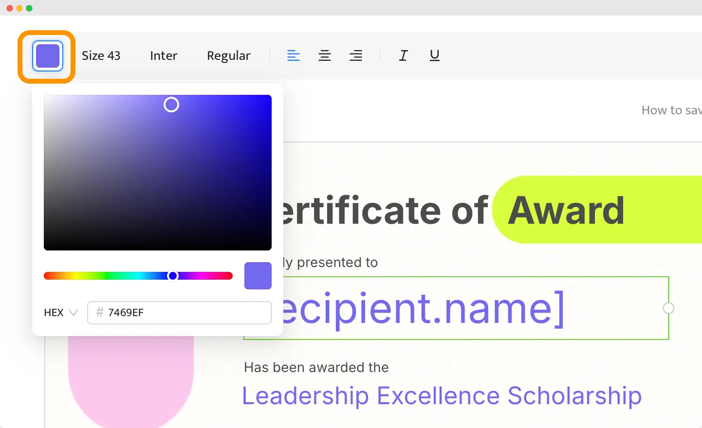 A color selection tool within an award certificate editor, showcasing how to customize the design and text color of award certificates. A color selection tool within an award certificate editor, showcasing how to customize the design and text color of award certificates.