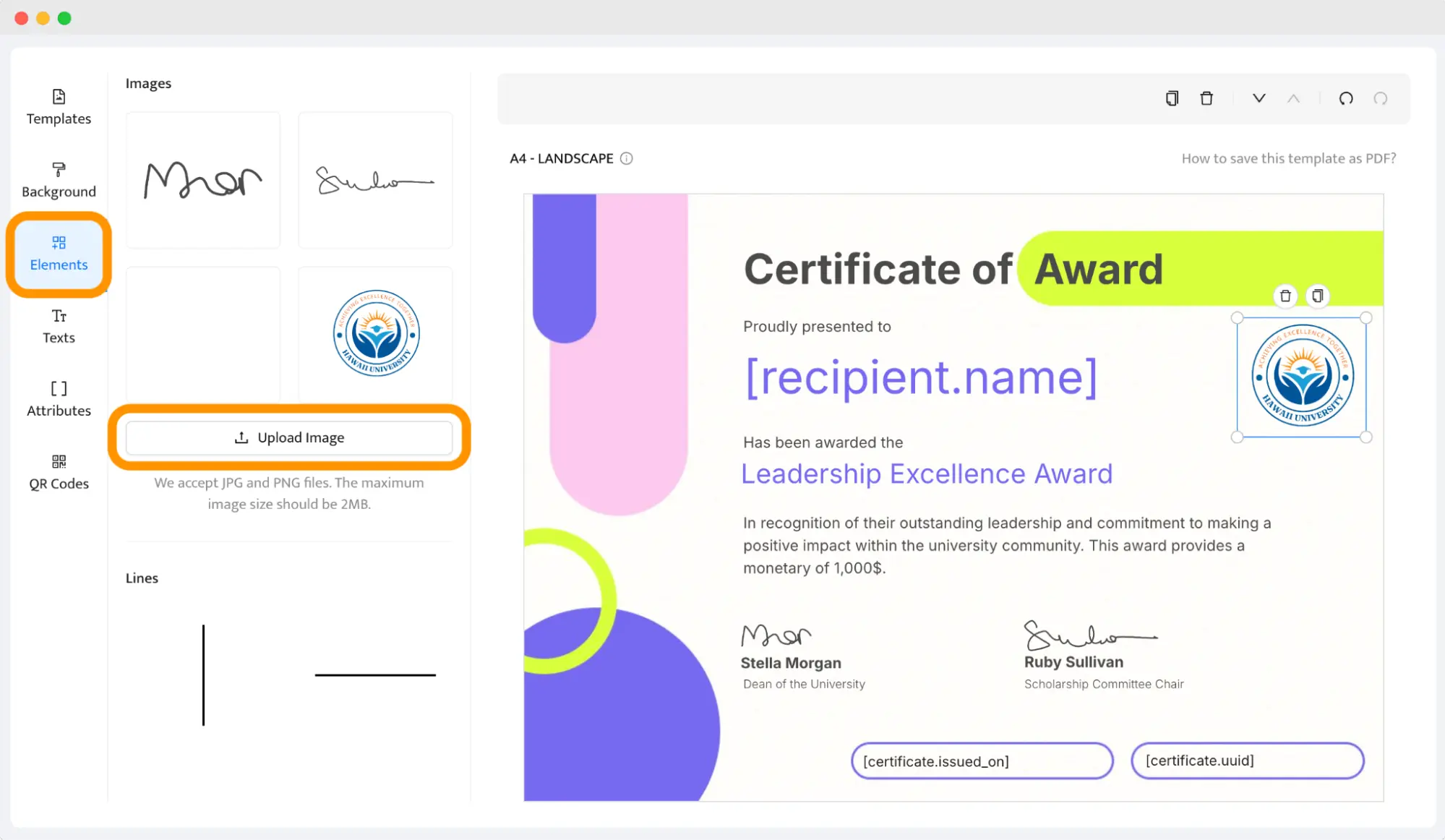 A certificate editor interface with options for adding elements like logos and signatures, showcasing how to make an award certificate using customizable templates. A certificate editor interface with options for adding elements like logos and signatures, showcasing how to make an award certificate using customizable templates.
