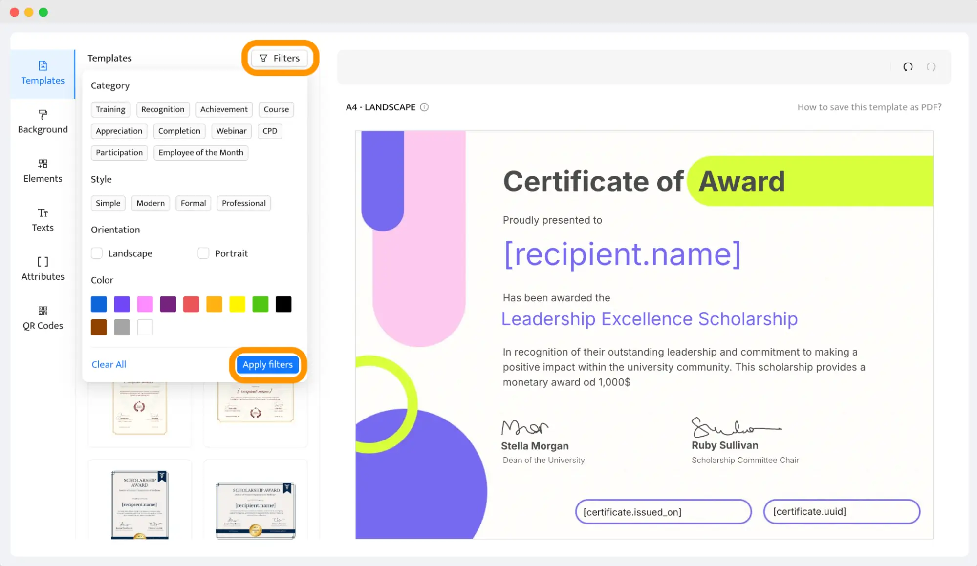 A template editor interface for customizing an award certificate, featuring filters for selecting categories, styles, and colors, illustrating how to design an award certificate. A template editor interface for customizing an award certificate, featuring filters for selecting categories, styles, and colors, illustrating how to design an award certificate.