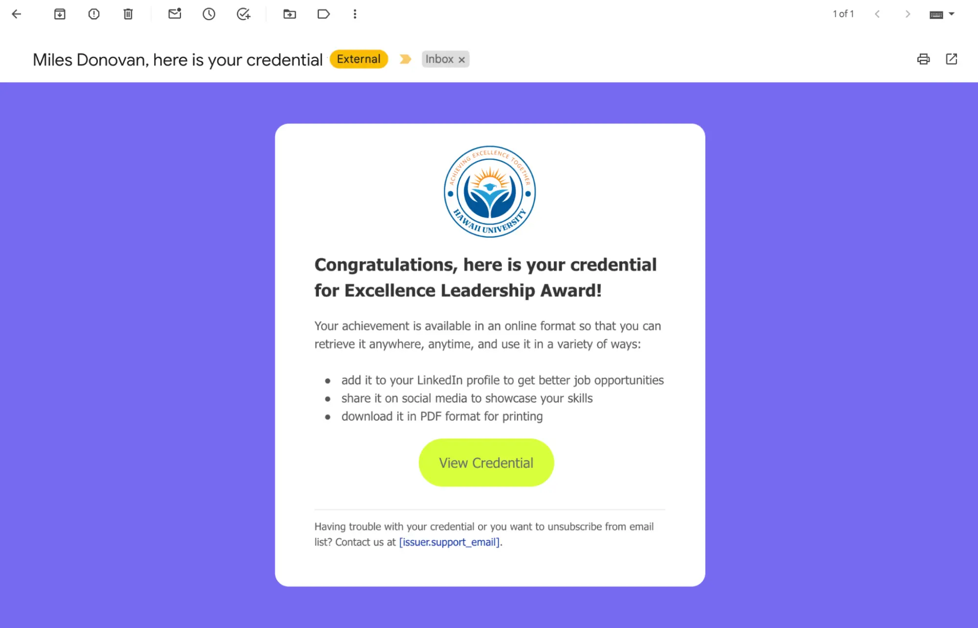 An email notification providing a link to view an online award certificate, highlighting how to write and distribute an award certificate. An email notification providing a link to view an online award certificate, highlighting how to write and distribute an award certificate.