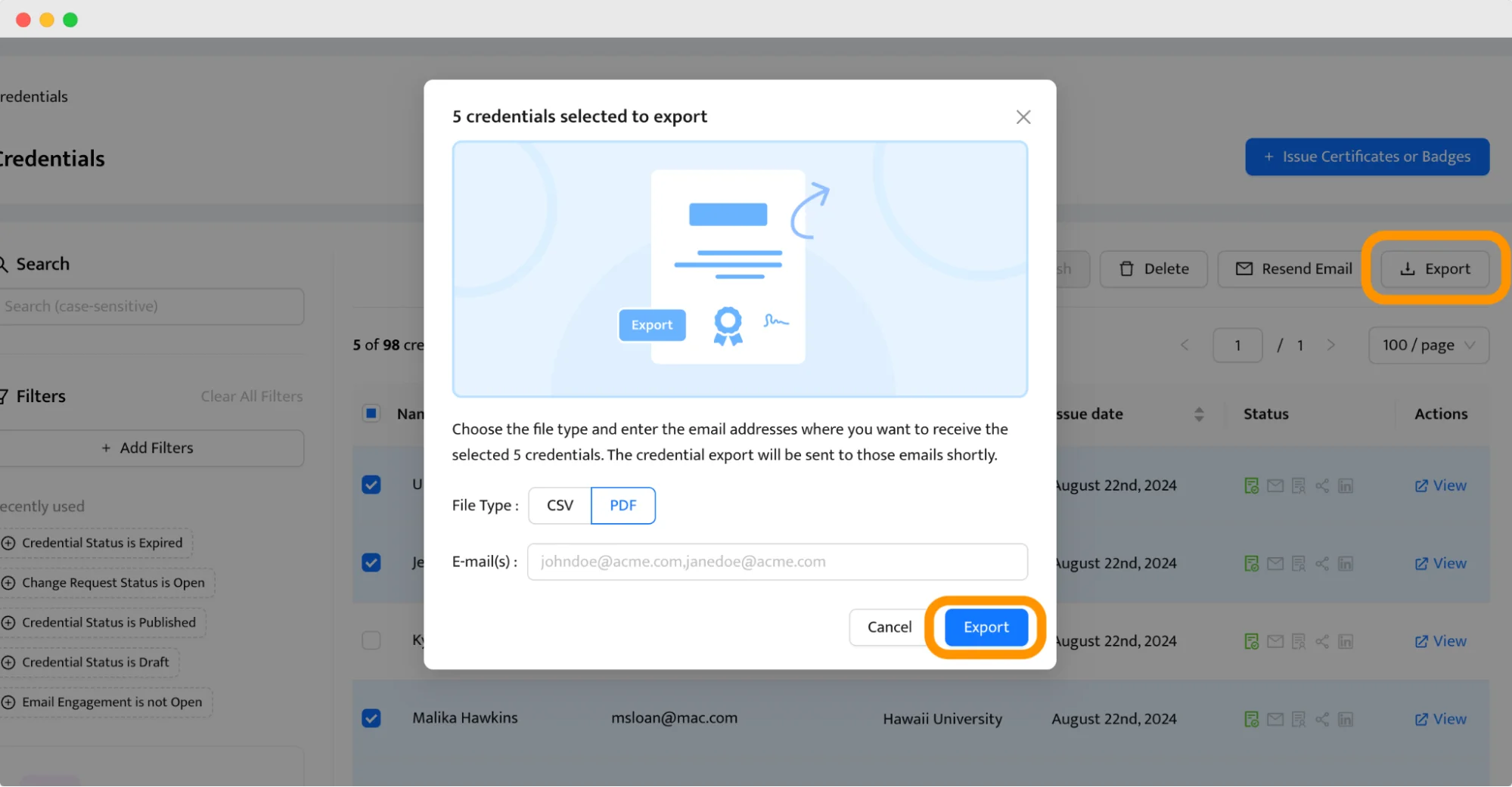 A pop-up window showing the export process of award certificates, with options to choose file type and enter email addresses for delivery. A pop-up window showing the export process of award certificates, with options to choose file type and enter email addresses for delivery.