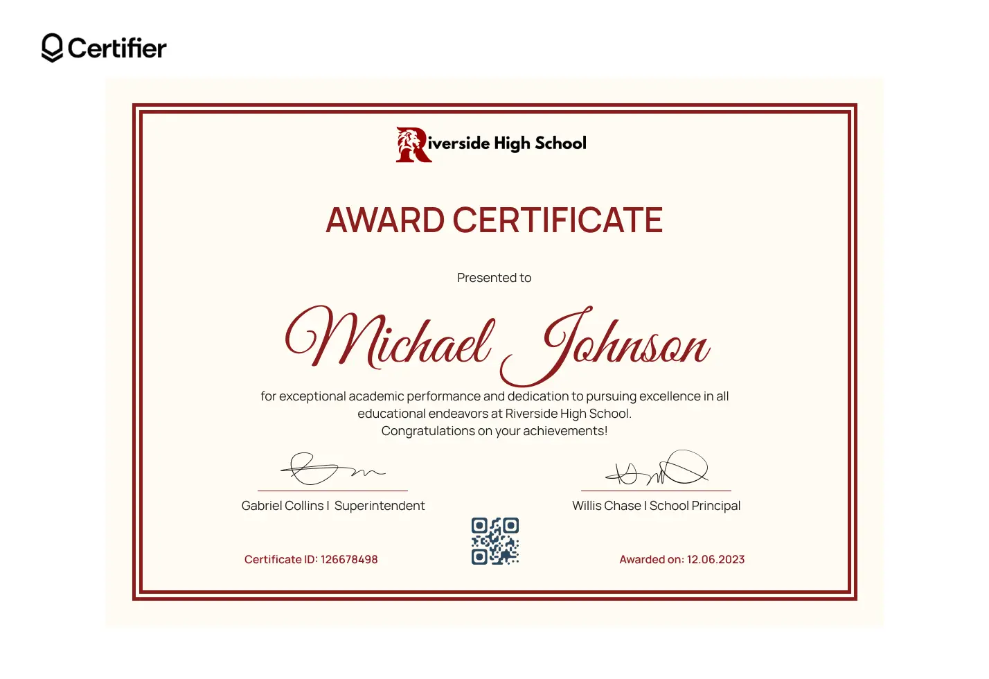 A traditional academic award certificate, demonstrating a formal award certificate template design. A traditional academic award certificate, demonstrating a formal award certificate template design.