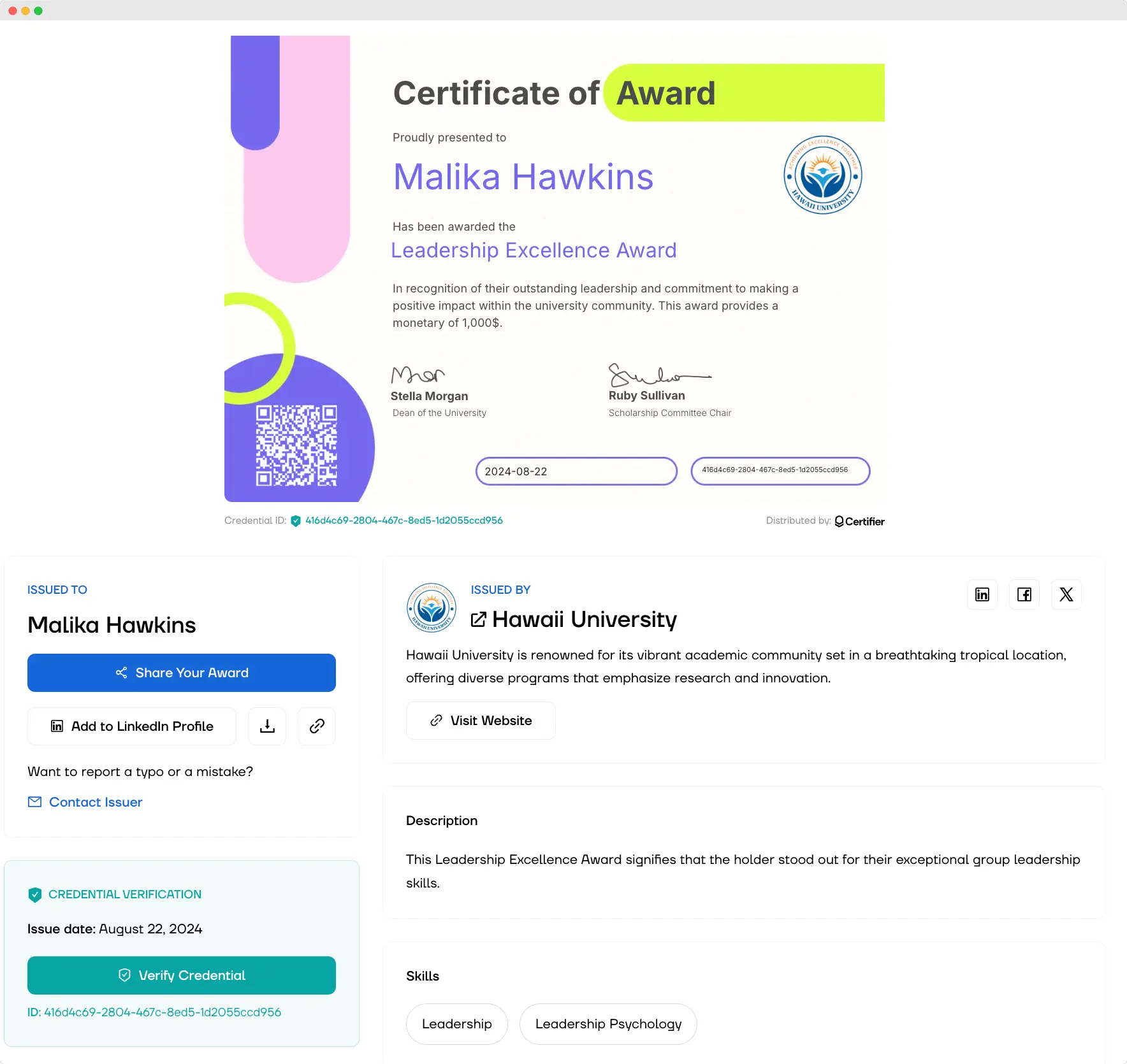 A digital certificate of award from Hawaii University presented in a digital wallet with one-click verification feature. A digital certificate of award from Hawaii University presented in a digital wallet with one-click verification feature.
