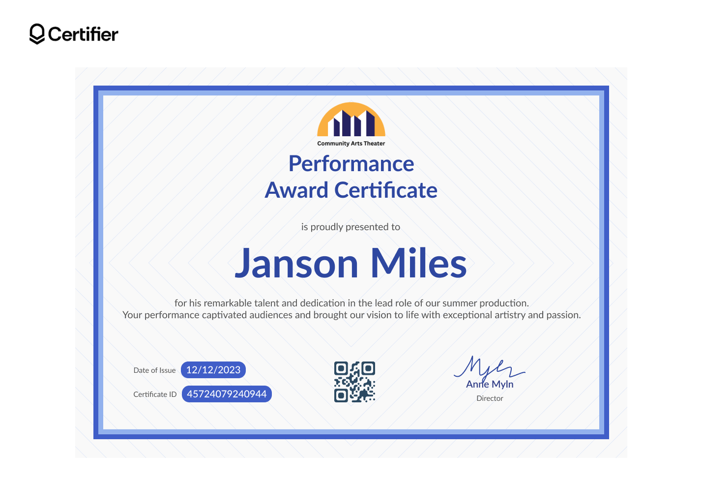 A performance award certificate, demonstrating a formal award certificate design with verification features. A performance award certificate, demonstrating a formal award certificate design with verification features.