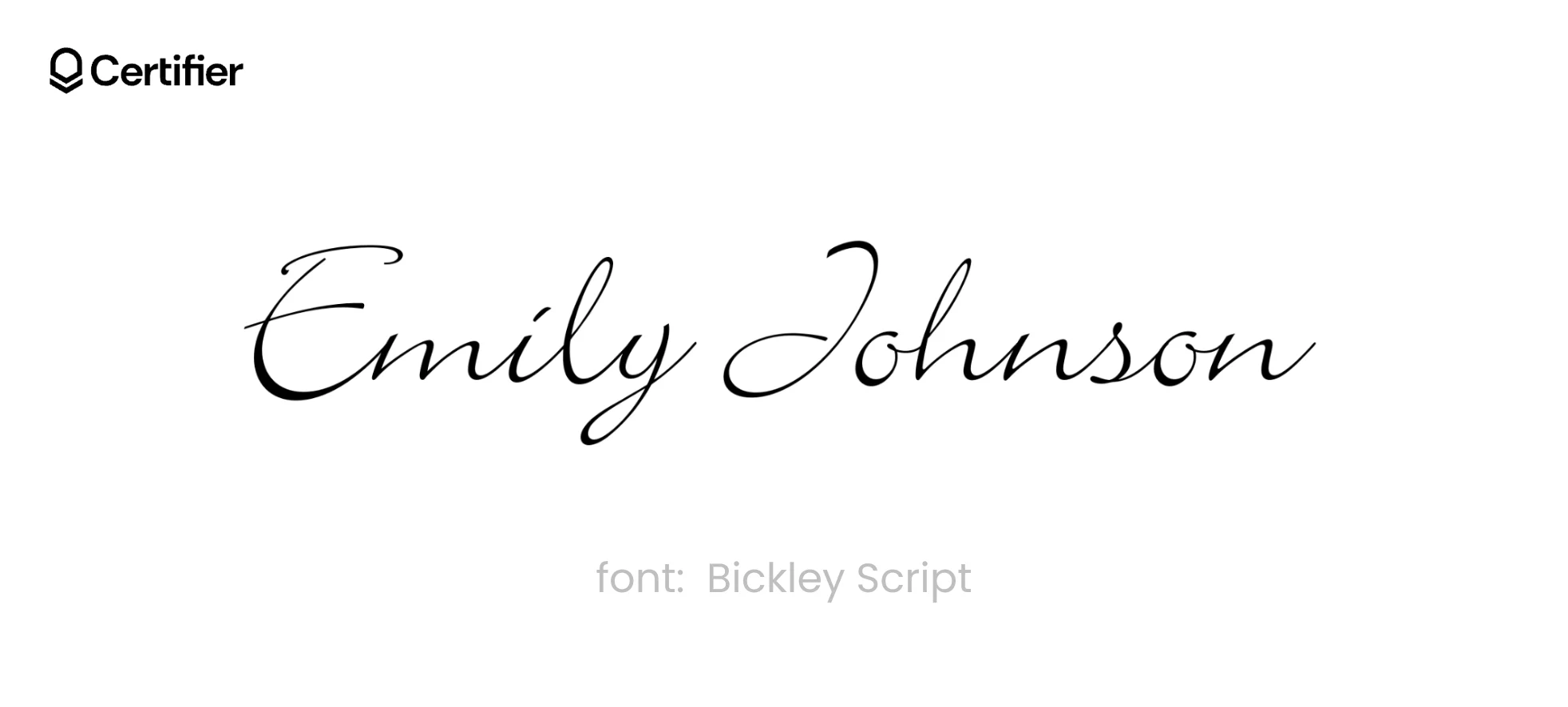The Bickley Script font presented on a white background with Certifier's logo on top The Bickley Script font presented on a white background with Certifier's logo on top