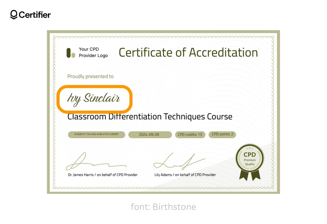 The Birthstone font in scholarship certificate template from Certifier. The Birthstone font in scholarship certificate template from Certifier.