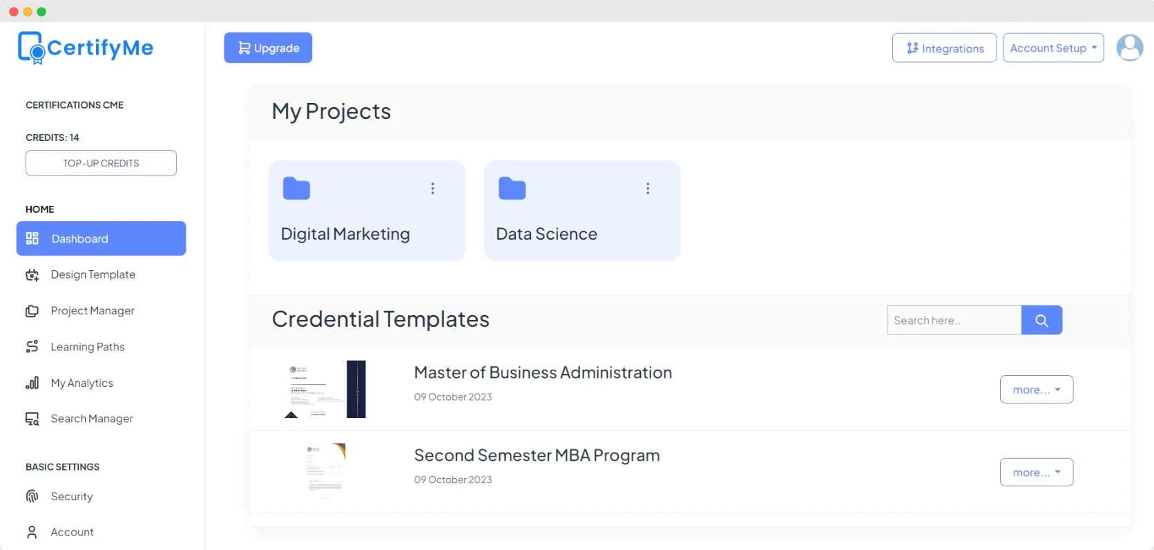 CertifyMe dashboard showing a user interface with a sidebar menu, project folders and credential templates CertifyMe dashboard showing a user interface with a sidebar menu, project folders and credential templates