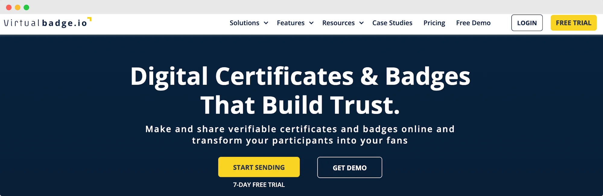 Virtual Badge.io's homepage in black, white and yellow Virtual Badge.io's homepage in black, white and yellow