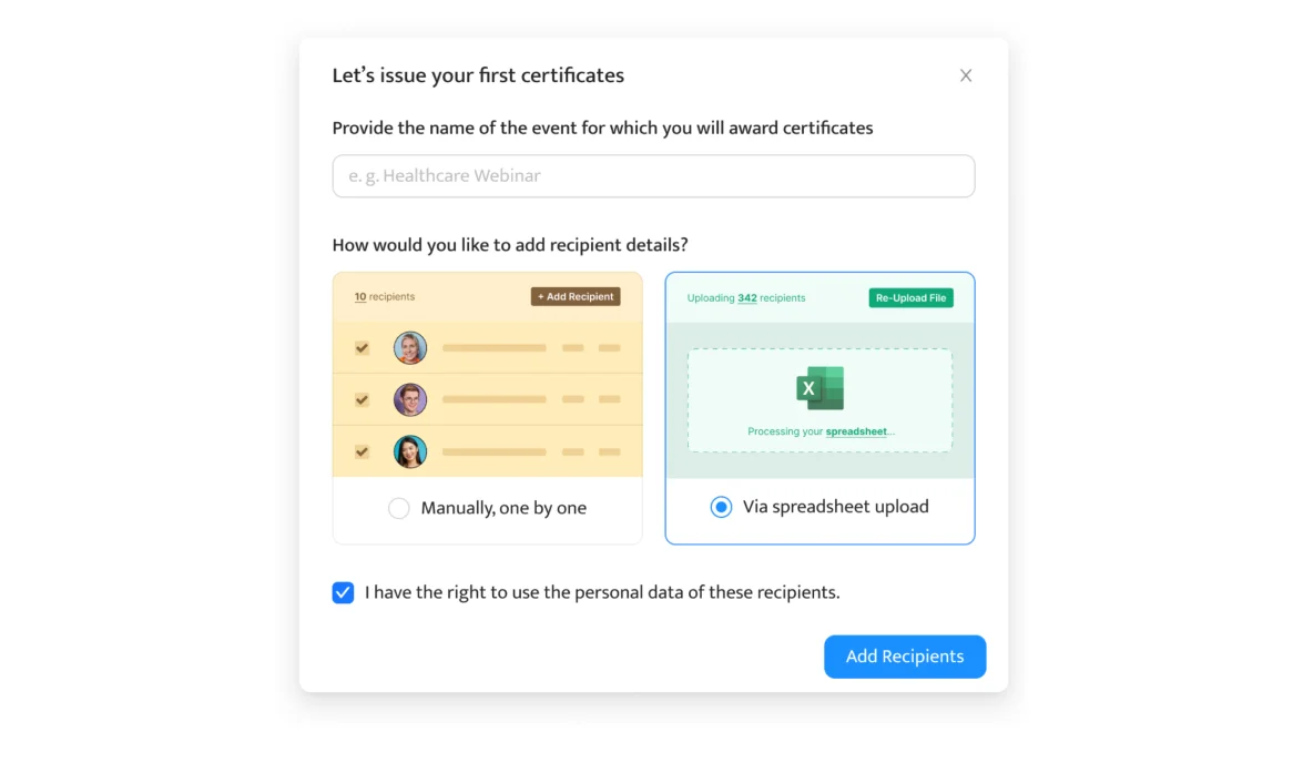 A form for issuing certificates, where users can input the event name and upload recipient details either manually or via a spreadsheet A form for issuing certificates, where users can input the event name and upload recipient details either manually or via a spreadsheet
