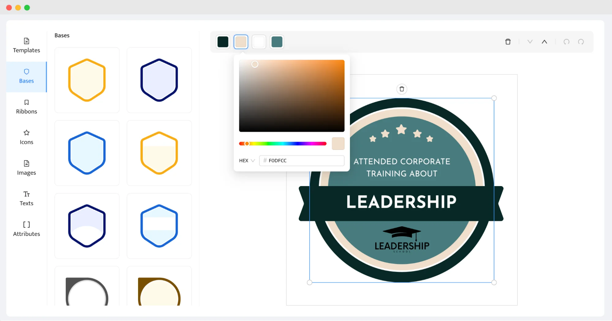 Certifier's badge creation tool with options to customize the base design, colors, and elements of a badge Certifier's badge creation tool with options to customize the base design, colors, and elements of a badge