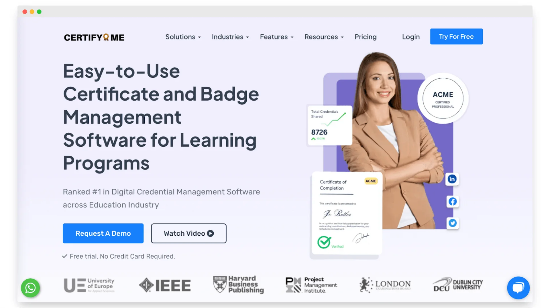 CertifyMe website promoting its certificate and badge management software CertifyMe website promoting its certificate and badge management software