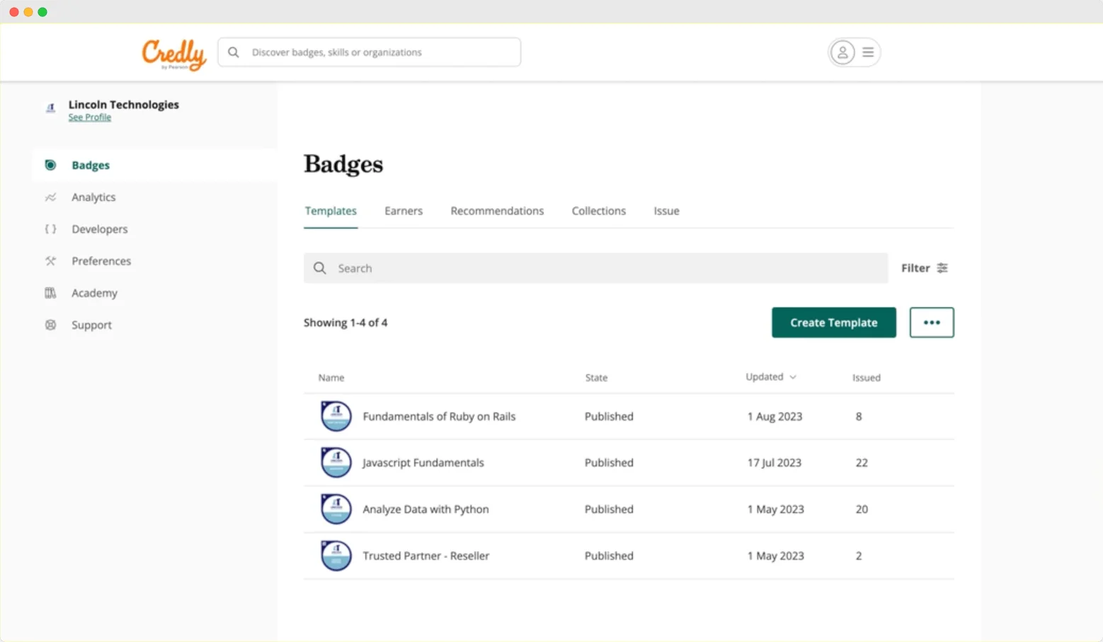 Credly dashboard showing digital badges Credly dashboard showing digital badges