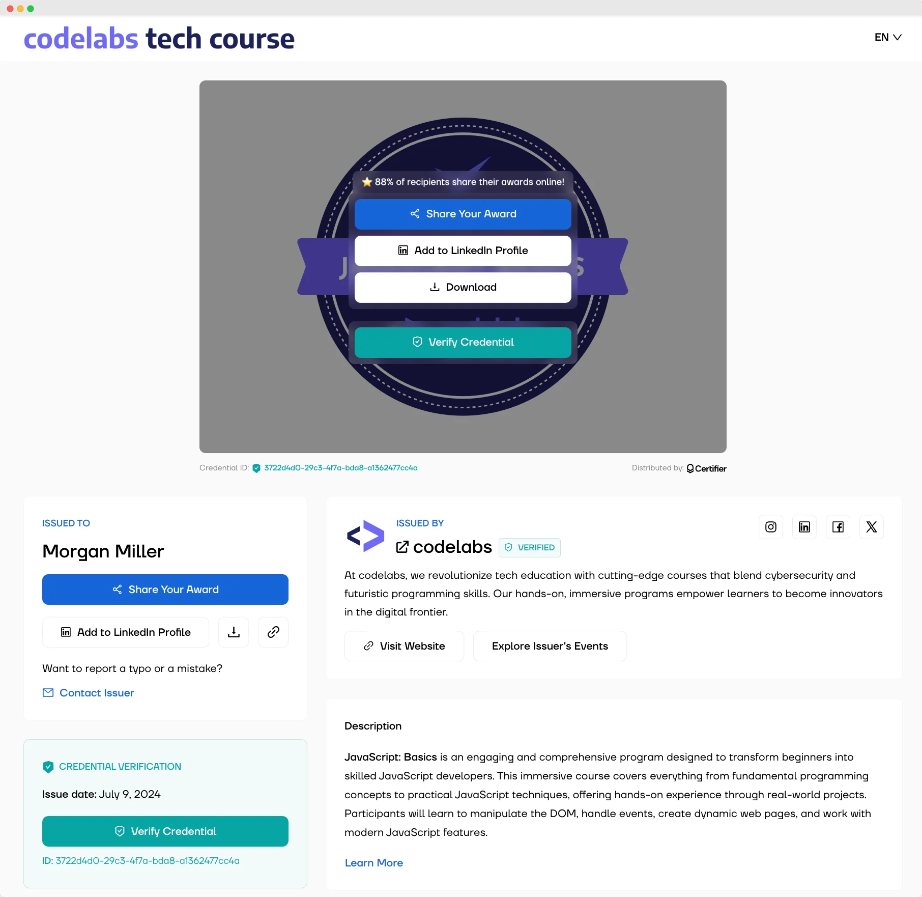 A digital wallet that offers options to share the award, add it to LinkedIn, download, or verify it A digital wallet that offers options to share the award, add it to LinkedIn, download, or verify it