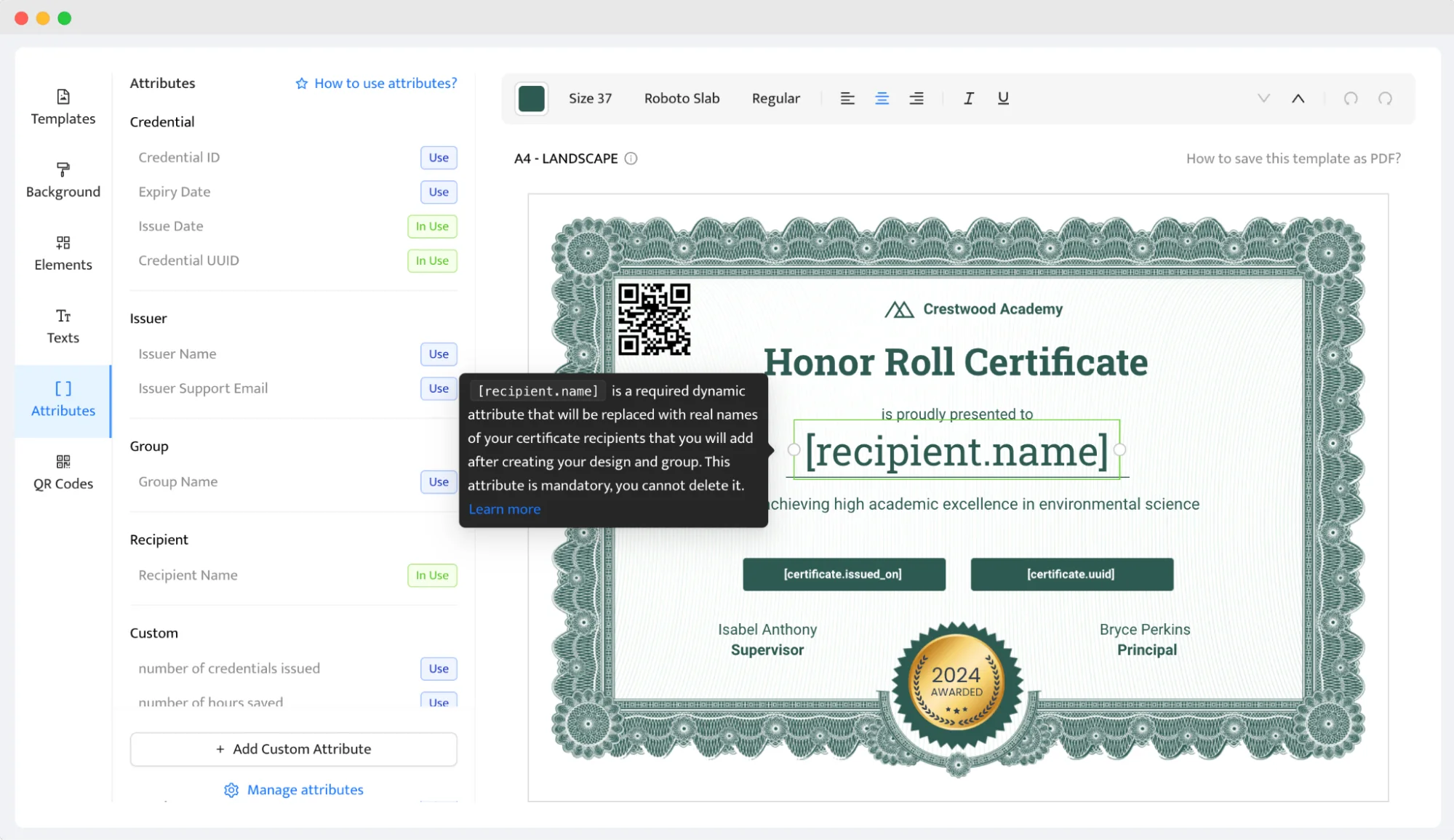 Certifier's template builder that enables to add a QR code on a template Certifier's template builder that enables to add a QR code on a template
