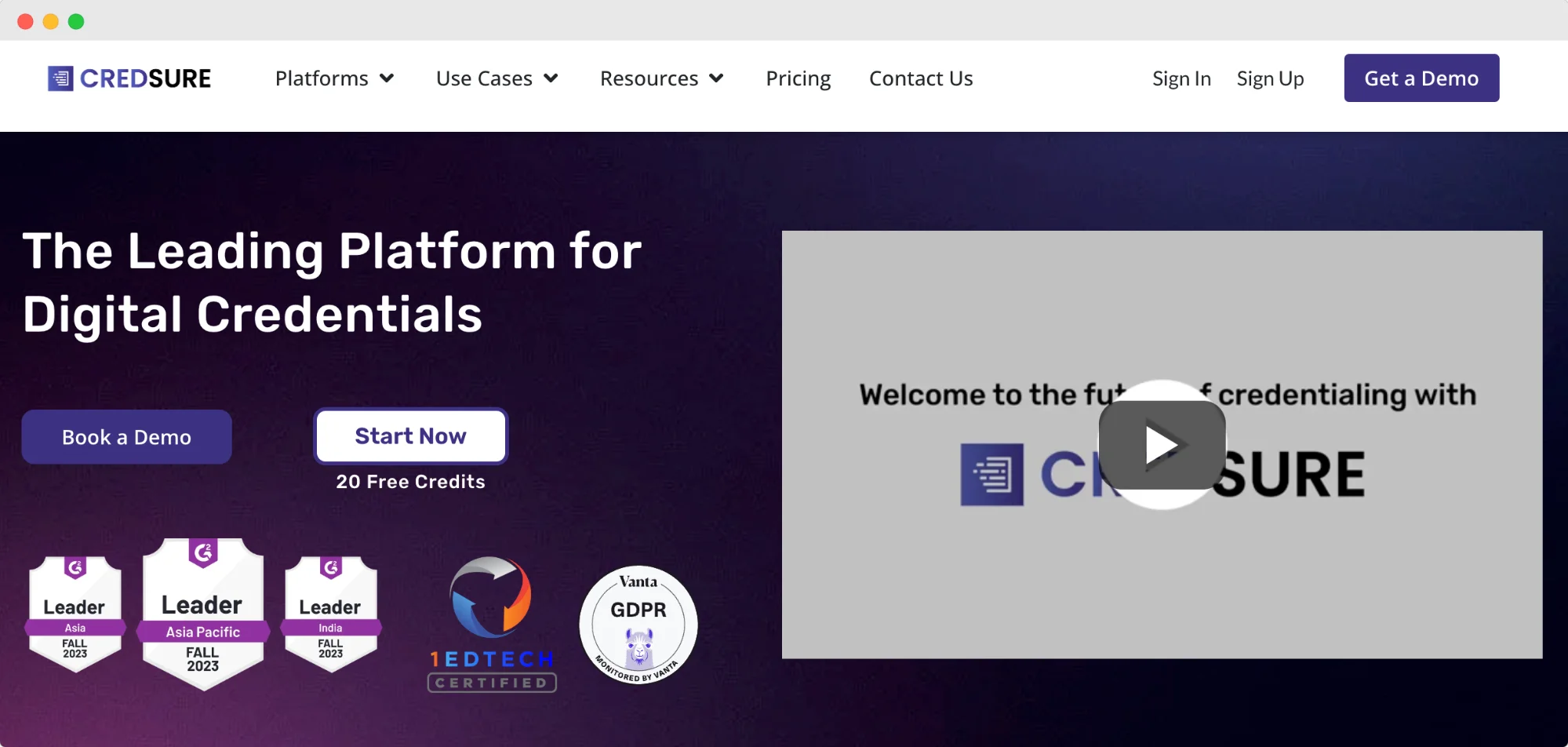 The homepage for CredSure, a platform for managing digital credentials that features a bold design with purple tones The homepage for CredSure, a platform for managing digital credentials that features a bold design with purple tones