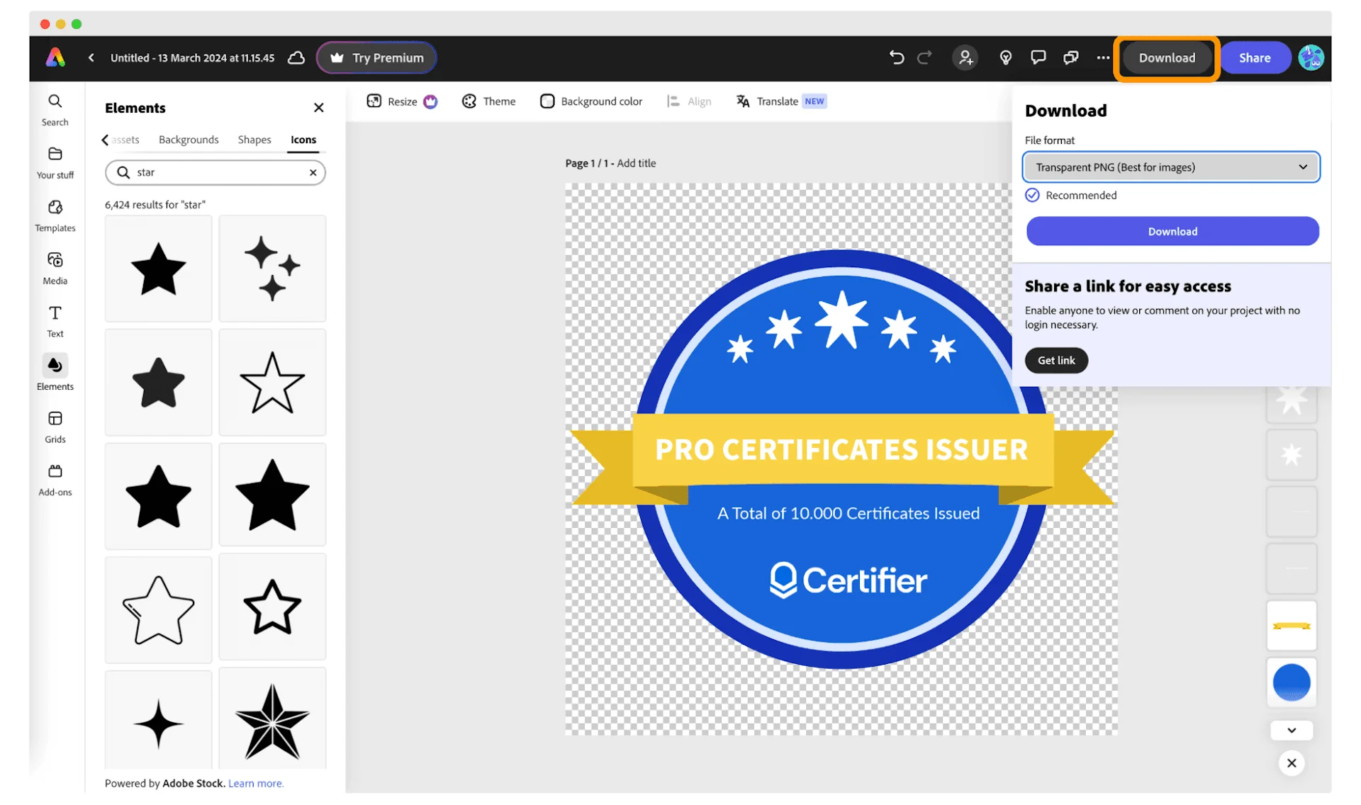 A badge design editor showing a circular blue badge labeled A badge design editor showing a circular blue badge labeled