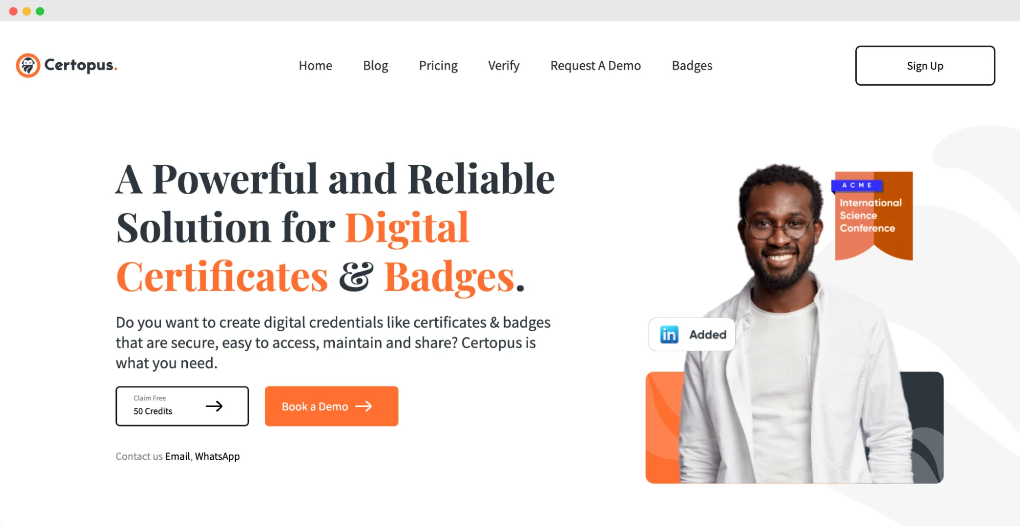 A homepage for Certopus featuring an image of a smiling man A homepage for Certopus featuring an image of a smiling man