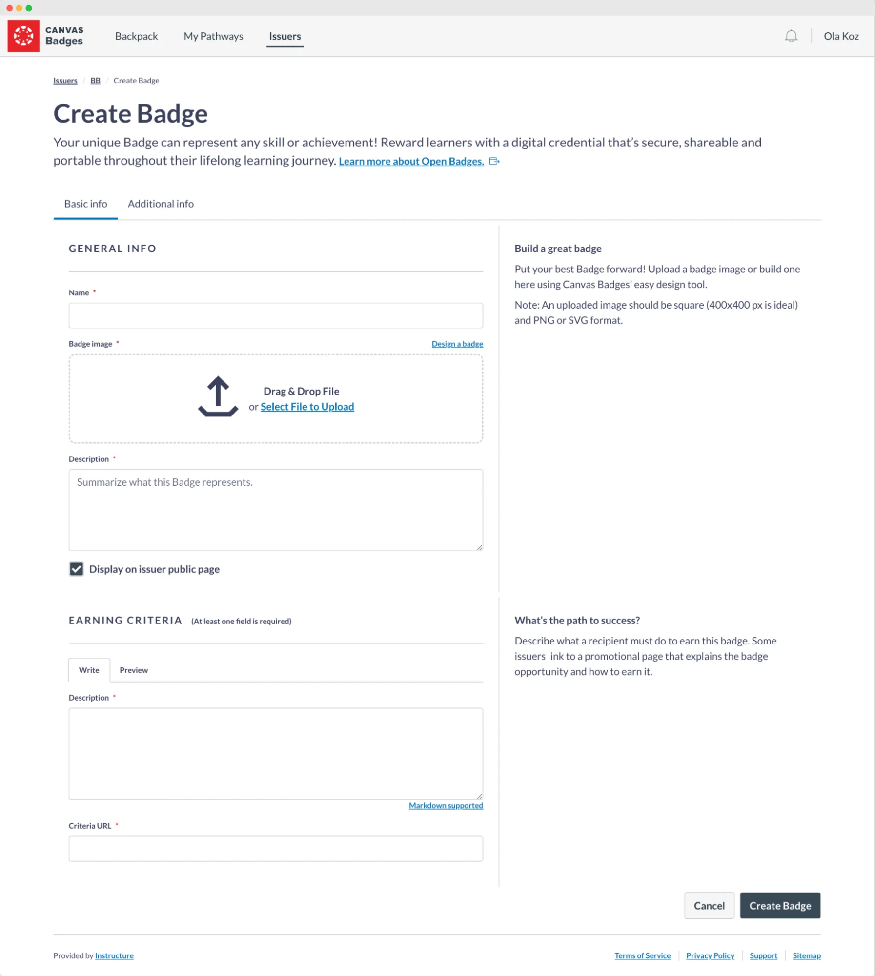 A form to create and issue certificates for digital badges within the Virtualbadge platform, demonstrating a solution for small businesses looking for certificates issuance and virtual badge automation A form to create and issue certificates for digital badges within the Virtualbadge platform, demonstrating a solution for small businesses looking for certificates issuance and virtual badge automation