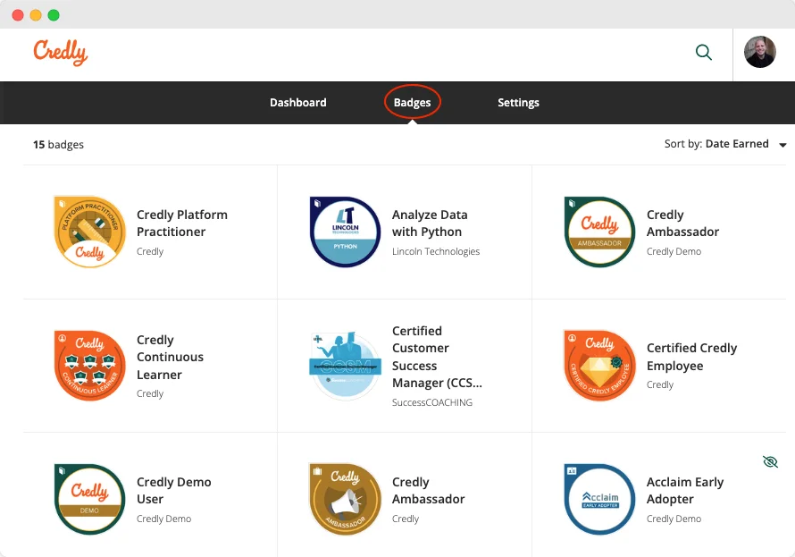 A list of digital badges on the dashboard of the Credly platform, allowing clients and organizations to easily manage and verify credentials through automation features and training program support A list of digital badges on the dashboard of the Credly platform, allowing clients and organizations to easily manage and verify credentials through automation features and training program support