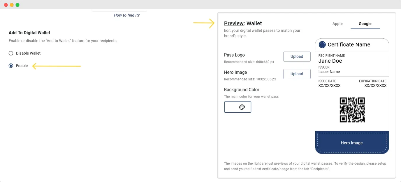 A preview of a digital wallet pass with a QR code and certificate information, showing how virtualbadge.io allows recipients to save certificates to digital wallets, optimizing the certificate process for online courses and training programs A preview of a digital wallet pass with a QR code and certificate information, showing how virtualbadge.io allows recipients to save certificates to digital wallets, optimizing the certificate process for online courses and training programs