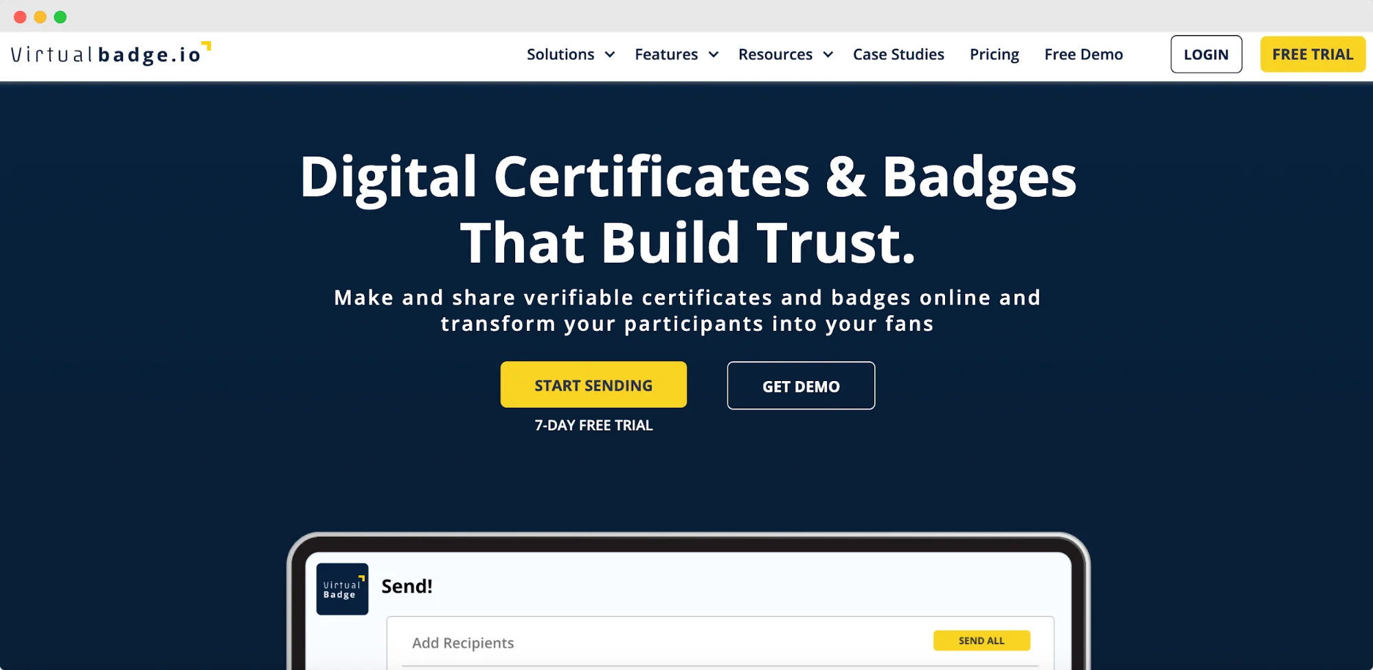 Virtualbadge.io homepage promoting digital certificates and badges as a tool to build trust, helping organizations issue certificates and track recipient engagement, offering affordable pricing for online certificate solutions Virtualbadge.io homepage promoting digital certificates and badges as a tool to build trust, helping organizations issue certificates and track recipient engagement, offering affordable pricing for online certificate solutions