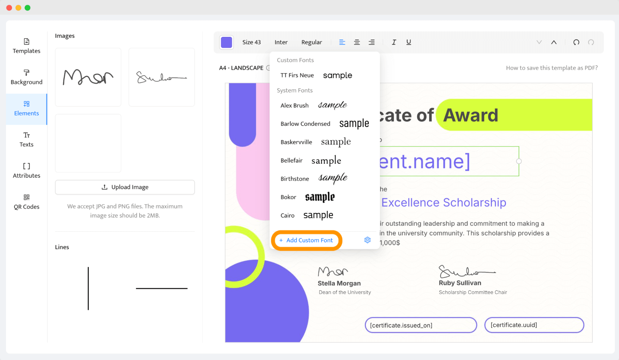 A font selection menu in an award certificate template editor, providing options to add custom fonts, emphasizing how to customize award certificate text styles. A font selection menu in an award certificate template editor, providing options to add custom fonts, emphasizing how to customize award certificate text styles.