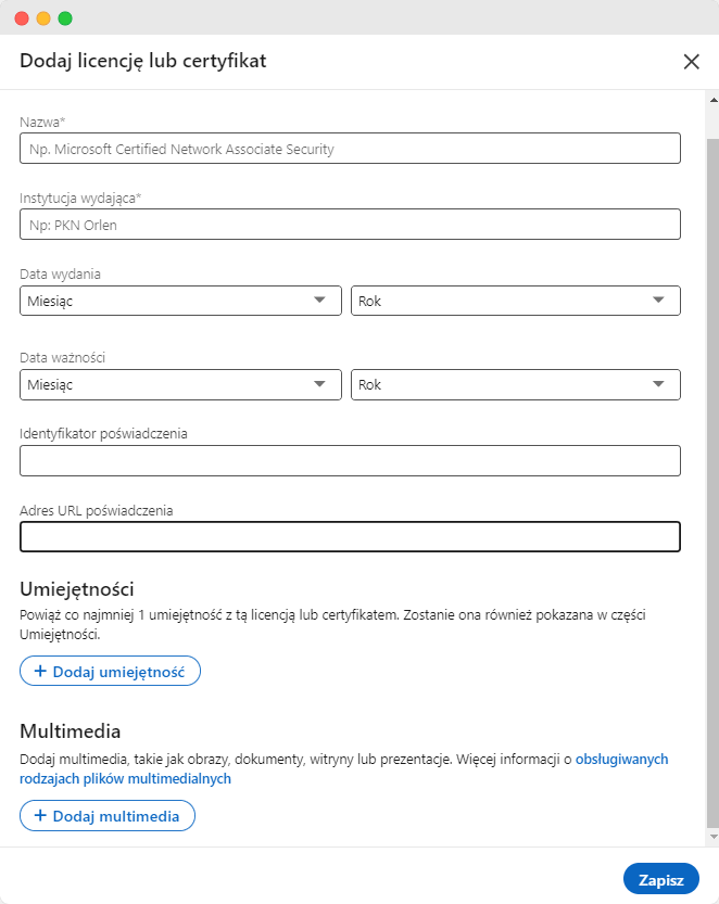 Dodawanie licencji lub certyfikatu na LinkedIn i uzupełnianie informacji o certyfikacie. Dodawanie licencji lub certyfikatu na LinkedIn i uzupełnianie informacji o certyfikacie.