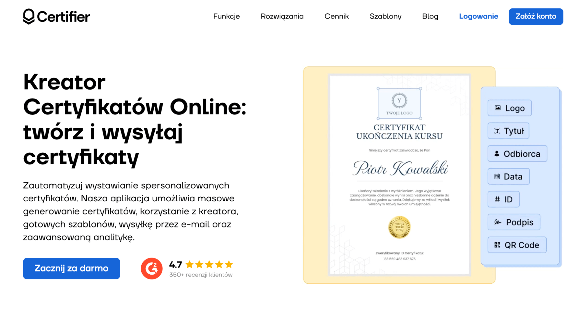 Kreator certyfikatów online Certifier, który umożliwia dodawanie certyfikatów na LinkedIn. Kreator certyfikatów online Certifier, który umożliwia dodawanie certyfikatów na LinkedIn.