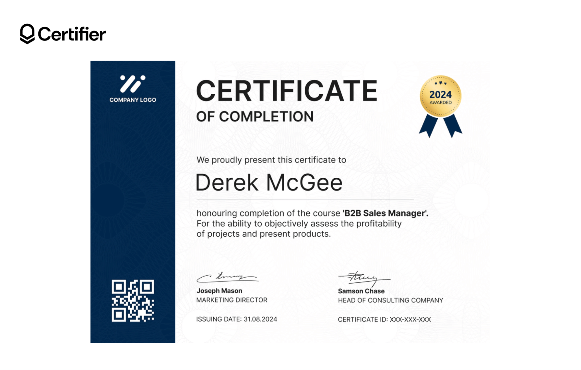 A digital certificate with a blue and white design, awarded to Derek McGee for completing the 'B2B Sales Manager' course, demonstrating how to make a digital certificate for professionals. A digital certificate with a blue and white design, awarded to Derek McGee for completing the 'B2B Sales Manager' course, demonstrating how to make a digital certificate for professionals.