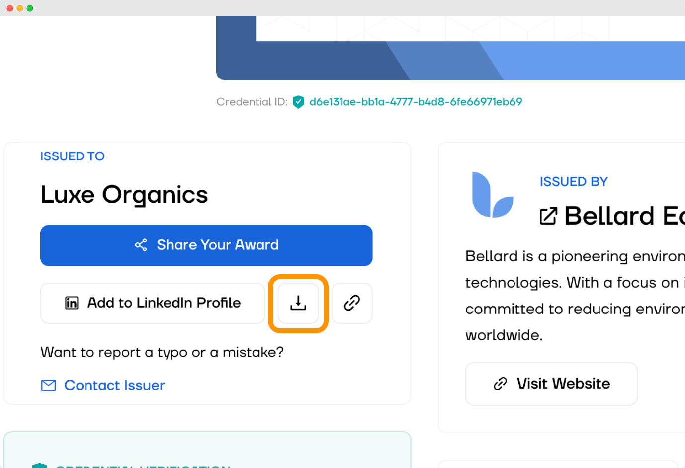 The certificate download option alongside sharing tools on a recipient’s digital wallet, highlighting how to create digital certificate online for easy distribution. The certificate download option alongside sharing tools on a recipient’s digital wallet, highlighting how to create digital certificate online for easy distribution.