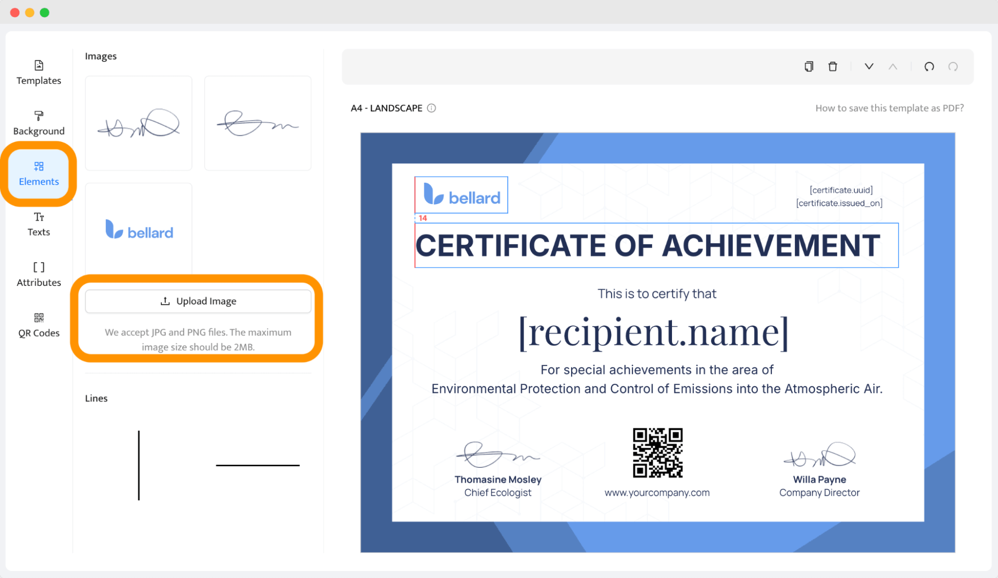 A certificate design editor with options for adding elements like logos and QR codes, demonstrating how to create certificates with customizable elements. A certificate design editor with options for adding elements like logos and QR codes, demonstrating how to create certificates with customizable elements.
