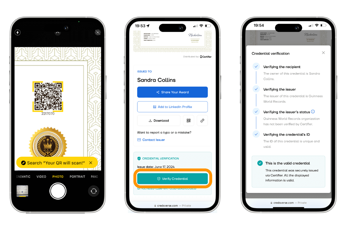 Three smartphones displaying a verification process for a certificate, illustrating how to make a certificate and verify its authenticity online. Three smartphones displaying a verification process for a certificate, illustrating how to make a certificate and verify its authenticity online.
