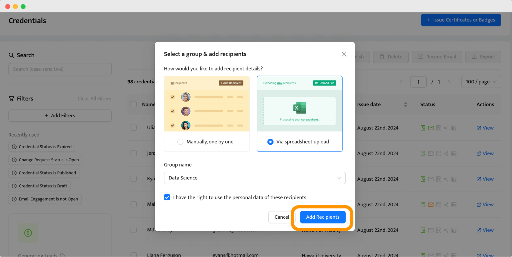 A prompt to upload recipients via spreadsheet or manually, helping demonstrate how to create certificates for a large group using automation. A prompt to upload recipients via spreadsheet or manually, helping demonstrate how to create certificates for a large group using automation.