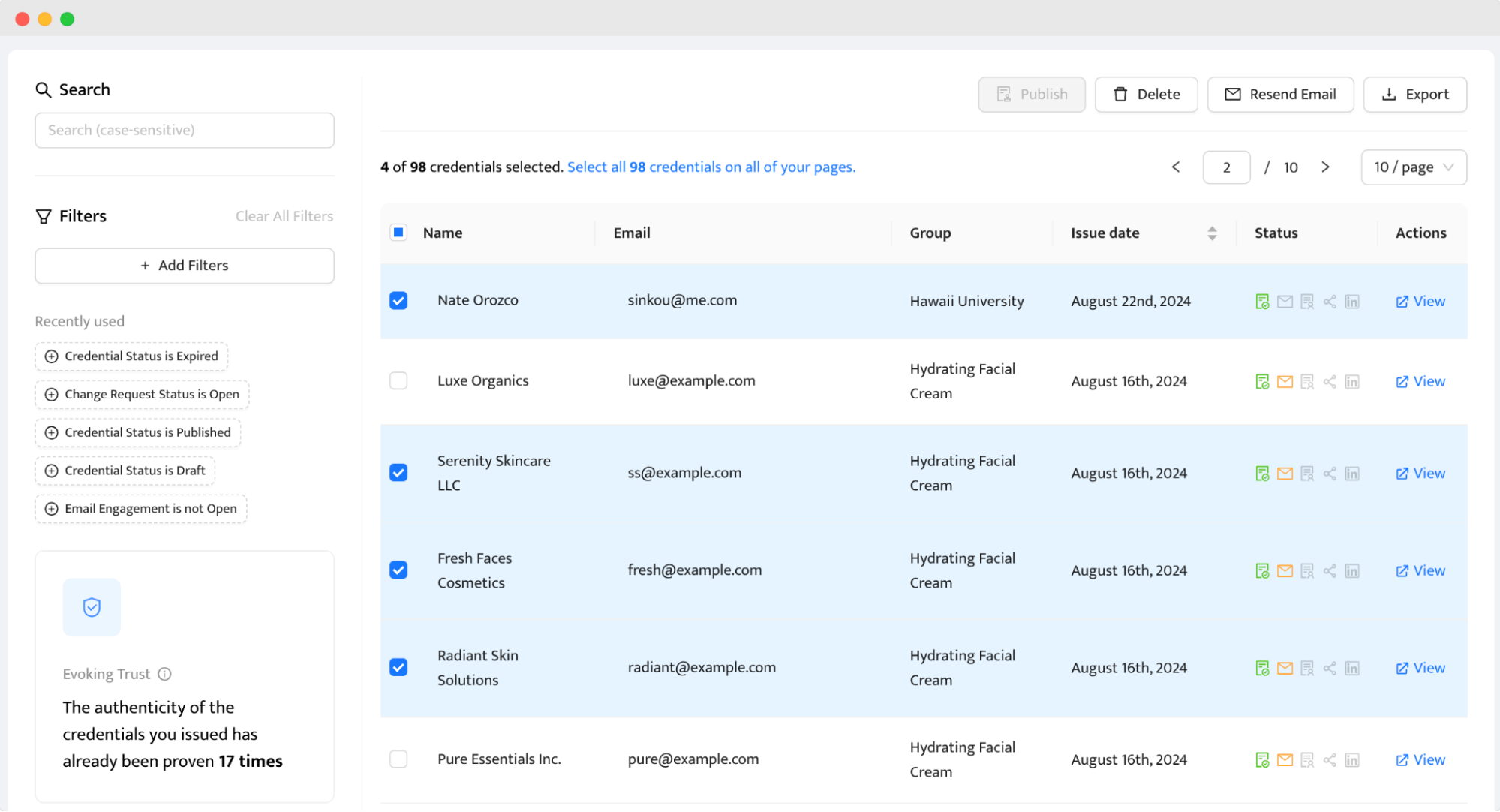 A credential management dashboard showing various issued credentials with filters and actions, representing the tracking of digital badges for leadership skills and other competencies. A credential management dashboard showing various issued credentials with filters and actions, representing the tracking of digital badges for leadership skills and other competencies.