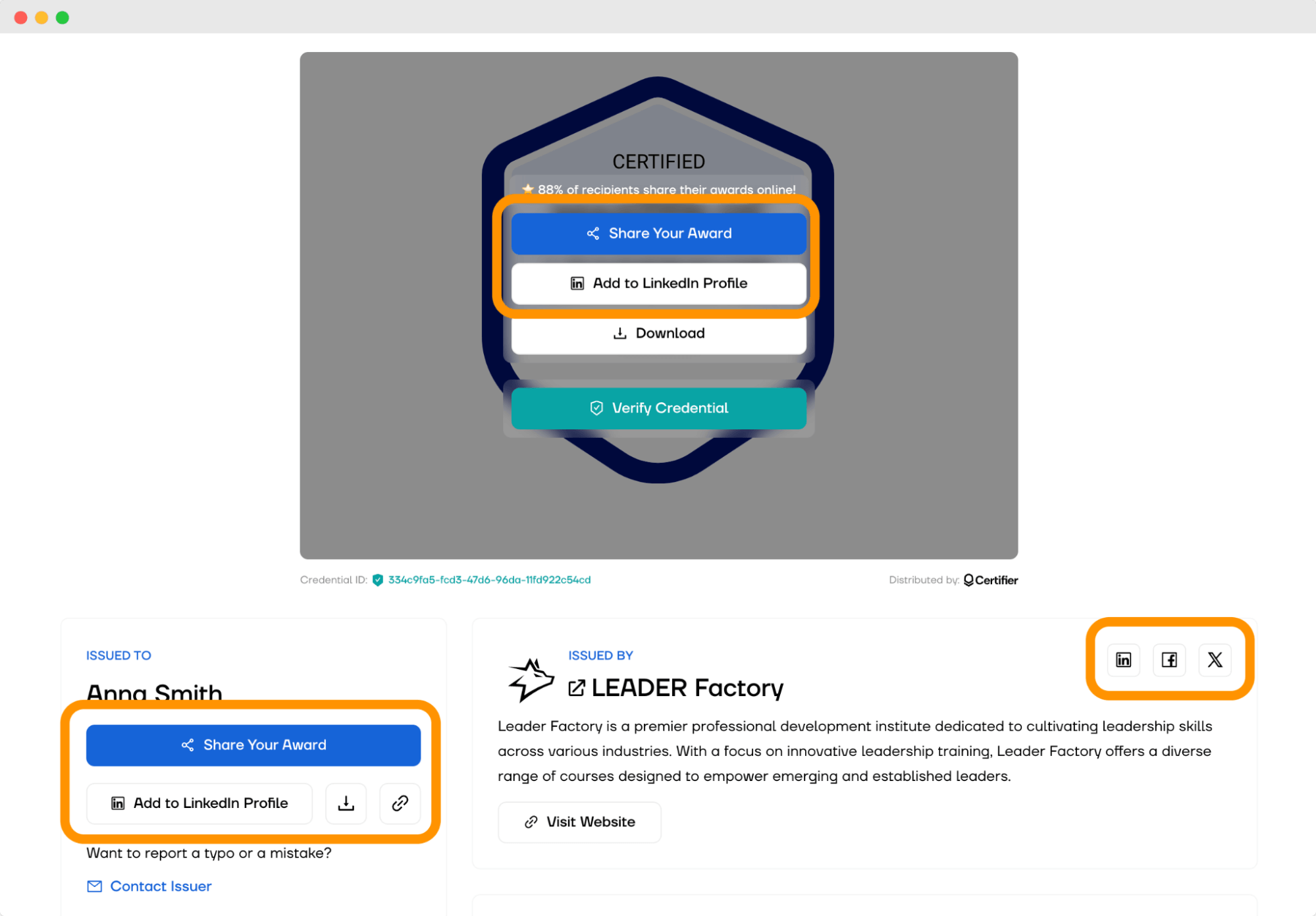 Certifier digital wallet options to share the award on LinkedIn, highlighting the recognition of leadership skills badges. Certifier digital wallet options to share the award on LinkedIn, highlighting the recognition of leadership skills badges.