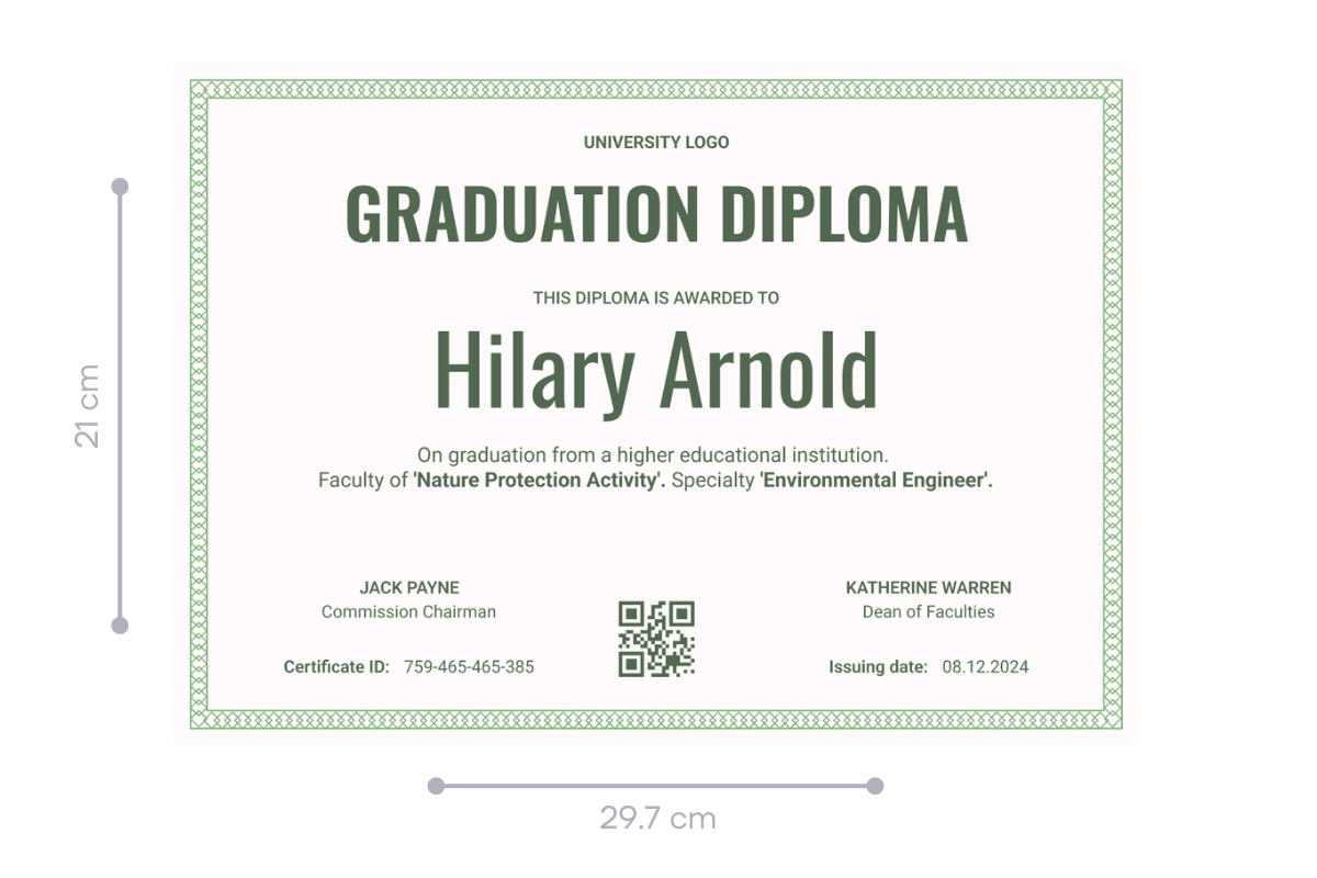 A graduation diploma template measuring 21 cm by 29.7 cm is used to demonstrate what is the size of a degree certificate. A graduation diploma template measuring 21 cm by 29.7 cm is used to demonstrate what is the size of a degree certificate.