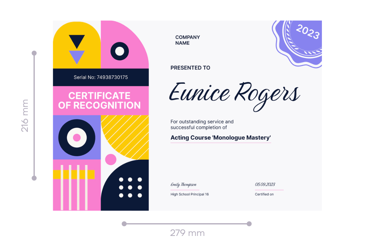 A vibrant Certificate of Recognition, featuring dimensions of 279 mm by 216 mm, illustrates the size of a certificate in millimeters. A vibrant Certificate of Recognition, featuring dimensions of 279 mm by 216 mm, illustrates the size of a certificate in millimeters.
