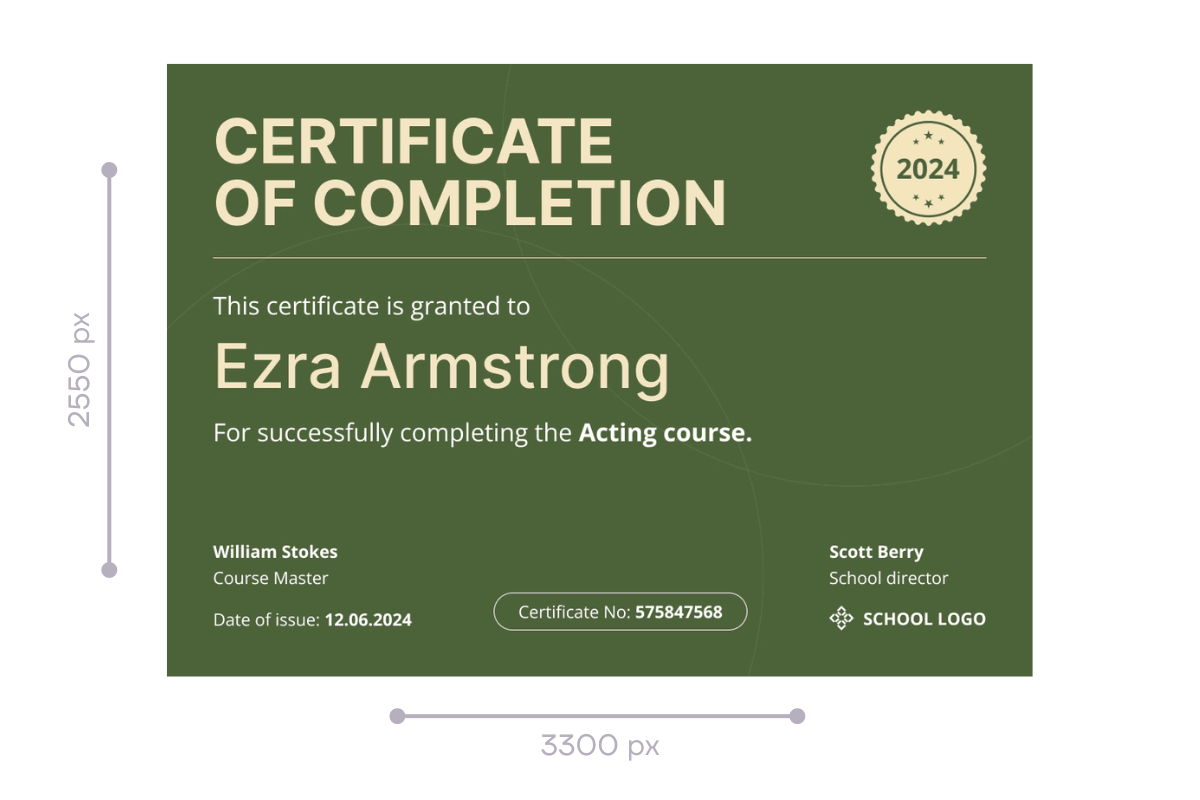 A Certificate of Completion with a size of 3300 by 2550 pixels represents how big are certificates in digital format. A Certificate of Completion with a size of 3300 by 2550 pixels represents how big are certificates in digital format.
