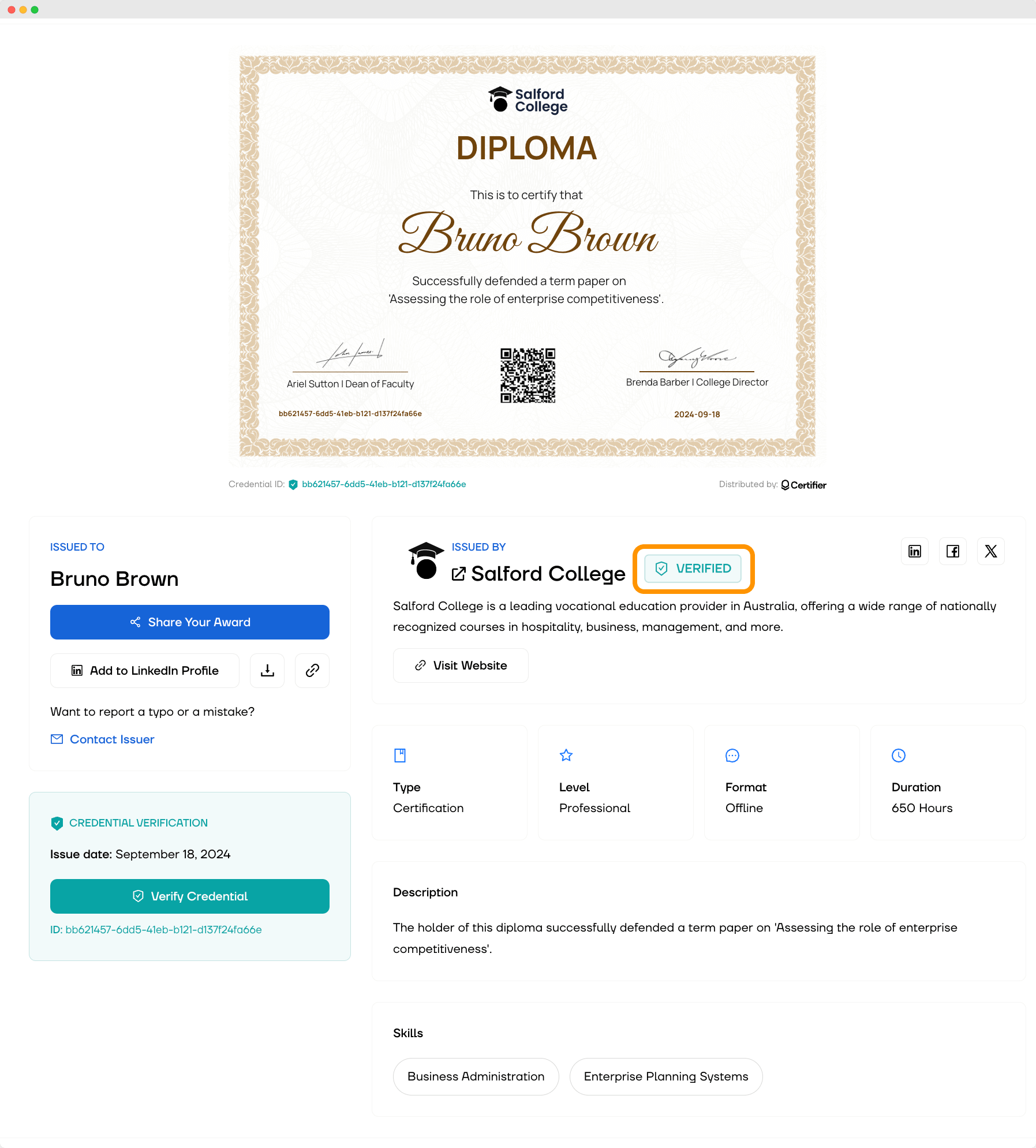 A digital wallet view from Certifier displaying a verified diploma. A badge showing that the issuer is verified is circled in orange, and gives a hint on how to spot a fake diploma and issuer. A digital wallet view from Certifier displaying a verified diploma. A badge showing that the issuer is verified is circled in orange, and gives a hint on how to spot a fake diploma and issuer.