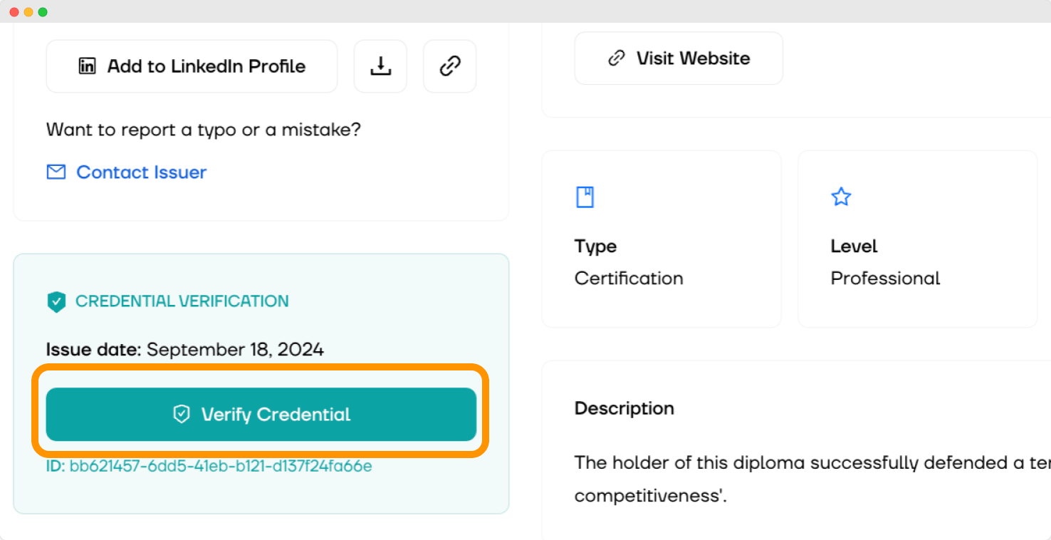A close-up of a digital credential verification section in the digital wallet, showing the A close-up of a digital credential verification section in the digital wallet, showing the