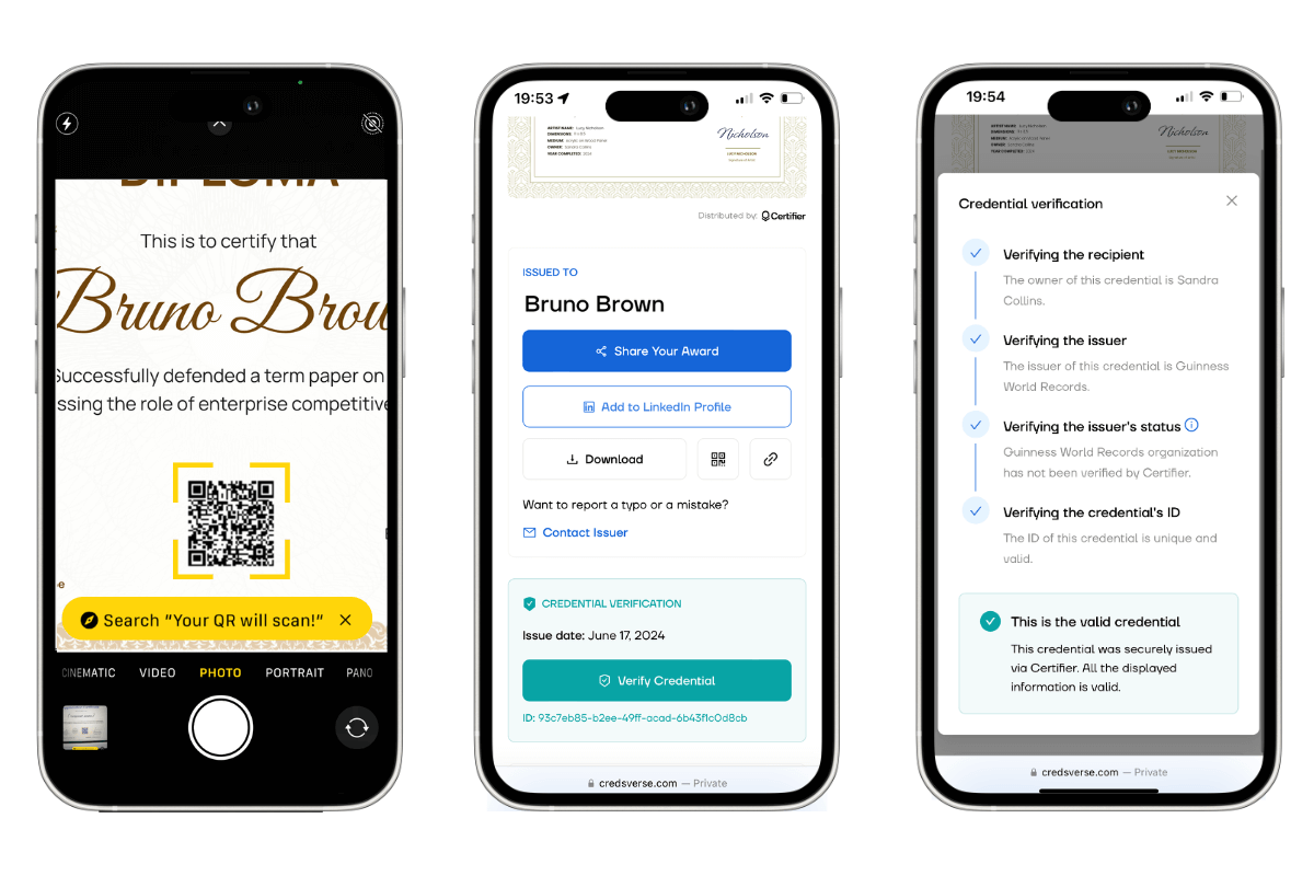 Three smartphone screens showing the verification process of a diploma using a QR code. This process helps answer the question is verifiable degree is legit and provides tips on how to spot a fake transcript. Three smartphone screens showing the verification process of a diploma using a QR code. This process helps answer the question is verifiable degree is legit and provides tips on how to spot a fake transcript.