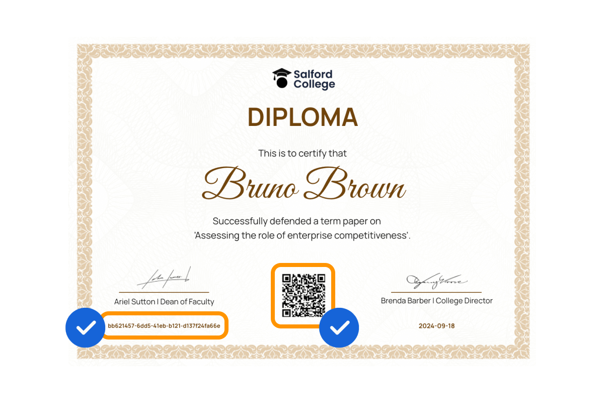 A diploma in yellow featuring a QR code, a unique verification code for authenticity, and signed by authorities. These elements are highlighted in orange, indicating how to check certificate original or fake online. A diploma in yellow featuring a QR code, a unique verification code for authenticity, and signed by authorities. These elements are highlighted in orange, indicating how to check certificate original or fake online.