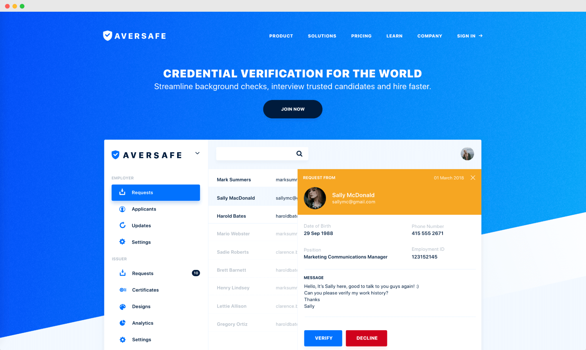 Aversafe showcases its credential verification service as an Accredible alternative, emphasizing its limited access model and integration for educational institutions. Aversafe showcases its credential verification service as an Accredible alternative, emphasizing its limited access model and integration for educational institutions.