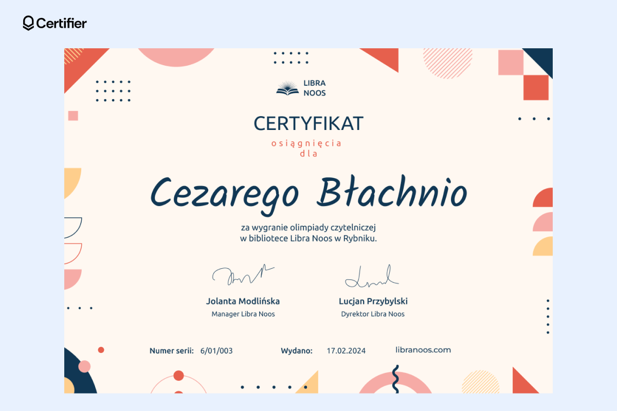 Szablon certyfikatu do wydruku na różne okazje. Szablon certyfikatu do wydruku na różne okazje.