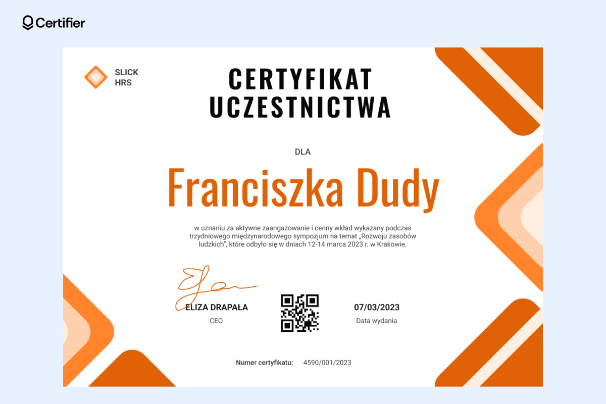 Certyfikat do druku w stylu pomarańczowym. Certyfikat do druku w stylu pomarańczowym.