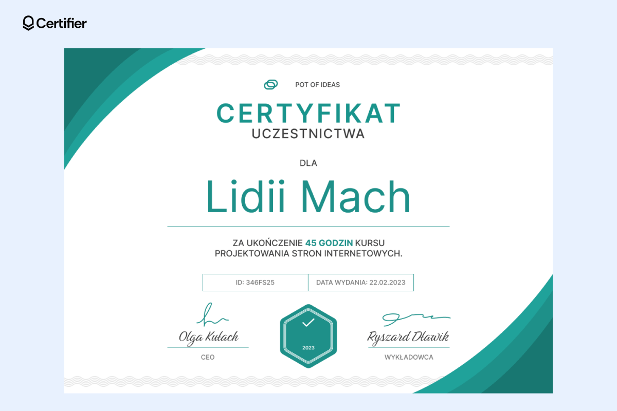 Szablon certyfikatu uczestnictwa w kursie online do druku. Szablon certyfikatu uczestnictwa w kursie online do druku.
